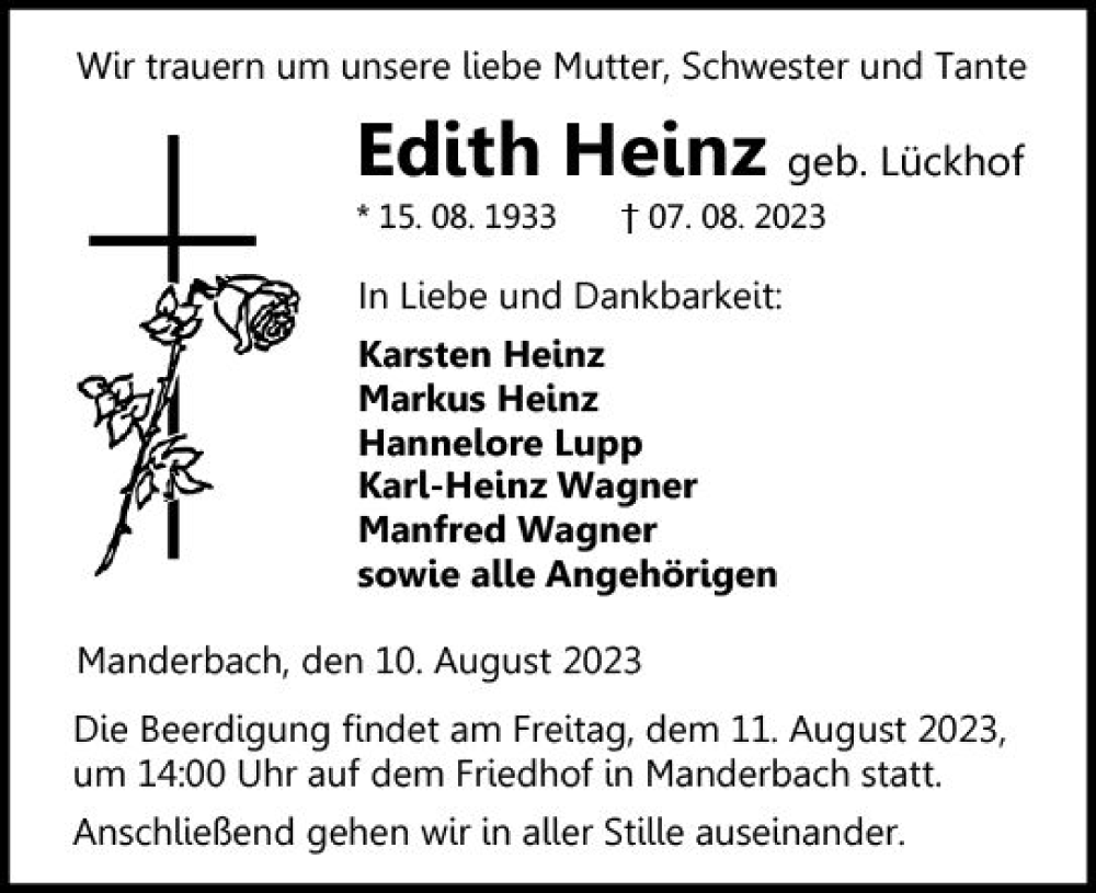  Traueranzeige für Edith Heinz vom 10.08.2023 aus Dill Block
