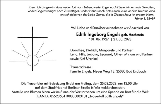 Traueranzeige von Edith Ingeborg Engels von Hinterländer Anzeiger