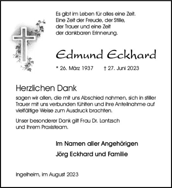 Traueranzeige von Edmund Eckhard von Allgemeine Zeitung Bingen/Ingelheim