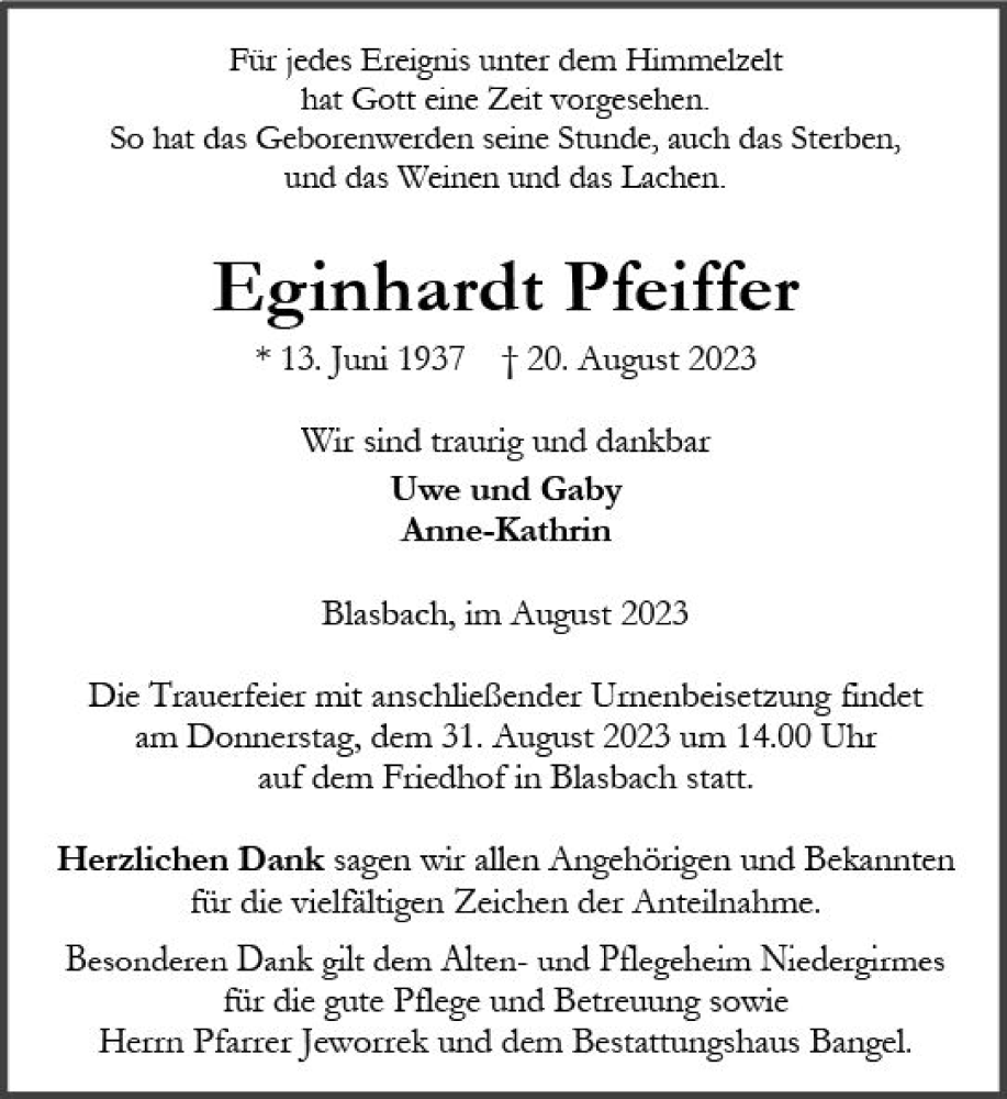  Traueranzeige für Eginhardt Pfeiffer vom 26.08.2023 aus Wetzlarer Neue Zeitung