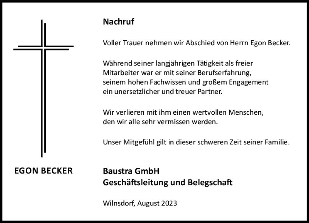  Traueranzeige für Egon Becker vom 19.08.2023 aus Dill Block