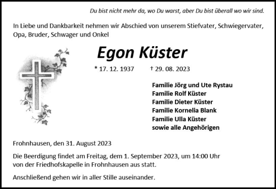 Traueranzeige von Egon Küster von Dill Block