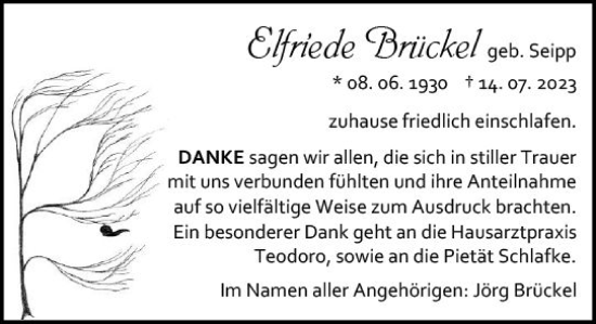 Traueranzeige von Elfriede Brückel von Wetzlarer Neue Zeitung