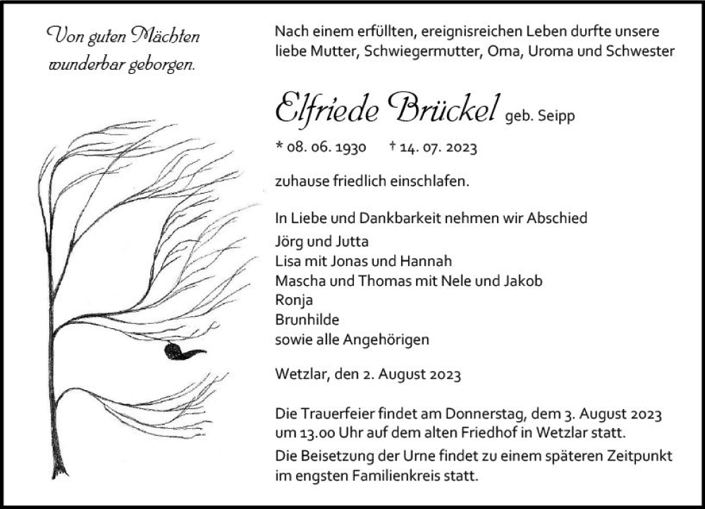  Traueranzeige für Elfriede Brückel vom 02.08.2023 aus Wetzlarer Neue Zeitung