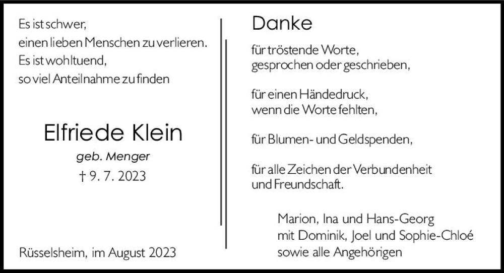  Traueranzeige für Elfriede Klein vom 05.08.2023 aus Rüsselsheimer Echo