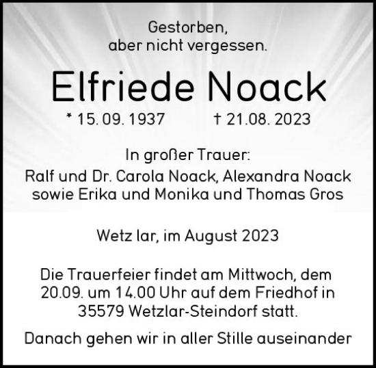 Traueranzeige von Elfriede Noack von Wetzlarer Neue Zeitung