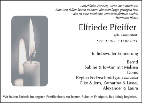 Traueranzeige von Elfriede Pfeiffer von Odenwälder Echo