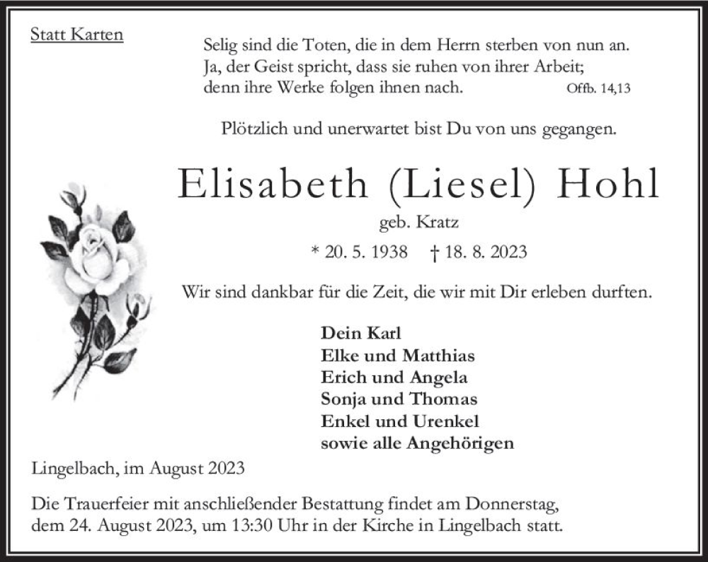  Traueranzeige für Elisabeth Hohl vom 21.08.2023 aus VRM Trauer