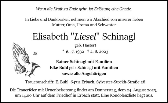 Traueranzeige von Elisabeth Schinagl von Odenwälder Echo
