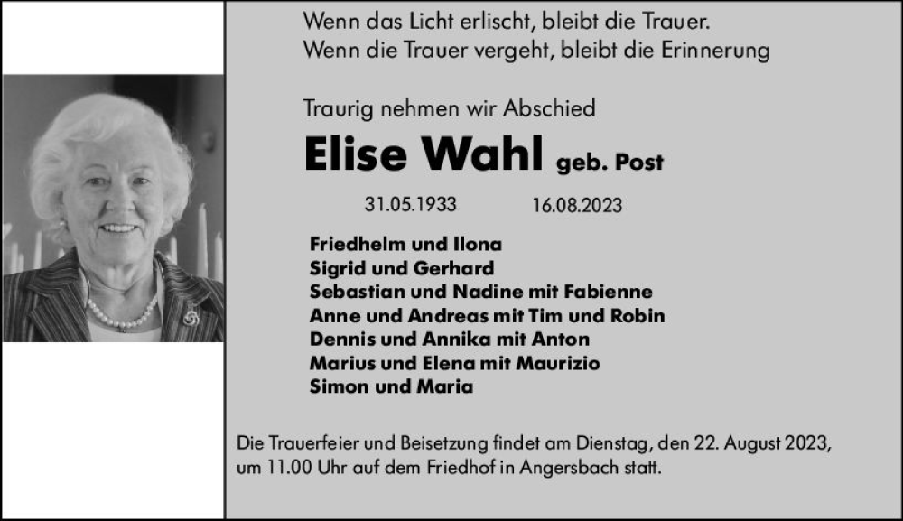  Traueranzeige für Elise Wahl vom 19.08.2023 aus VRM Trauer