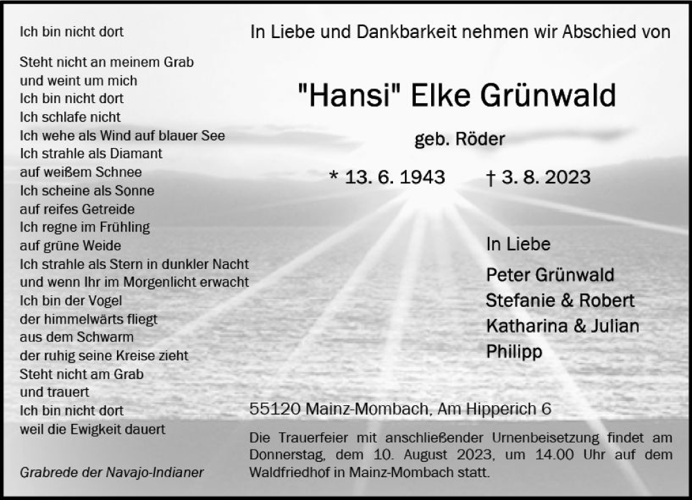  Traueranzeige für Elke Grünwald vom 05.08.2023 aus Allgemeine Zeitung Mainz