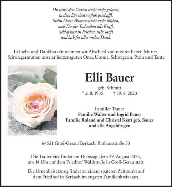 Traueranzeige von Elli Bauer von Groß-Gerauer Echo