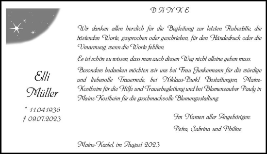Traueranzeige von Elli Müller von Wiesbadener Kurier