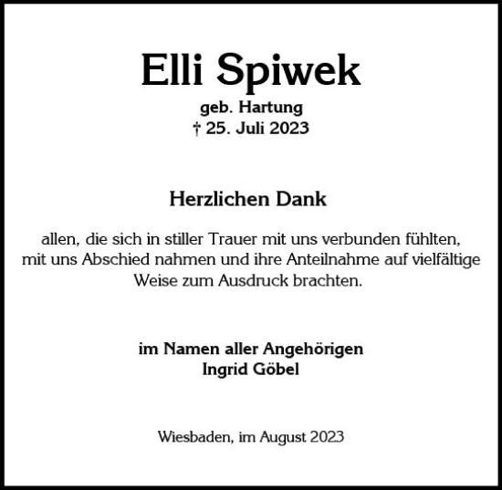 Traueranzeige von Elli Spiwek von Wiesbadener Kurier