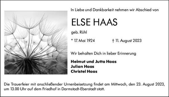 Traueranzeige von Else Haas von Darmstädter Echo