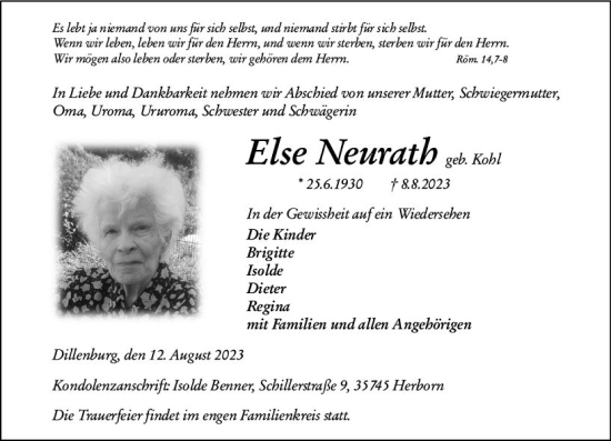 Traueranzeige von Else Neurath von Dill Block