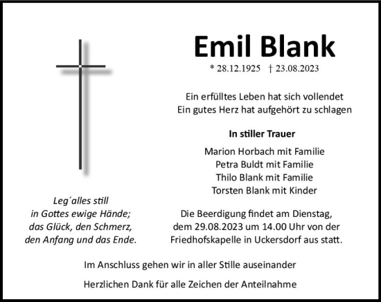 Traueranzeige von Emil Blank von Dill Block