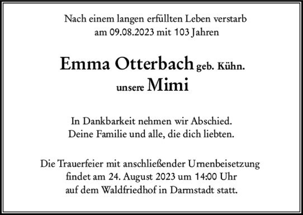  Traueranzeige für Emma Otterbach vom 19.08.2023 aus Darmstädter Echo