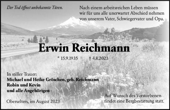 Traueranzeige von Enrwin Reichmann von Camberger Anzeiger