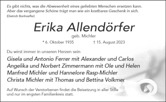 Traueranzeige von Erika Allendörfer von Wiesbadener Kurier