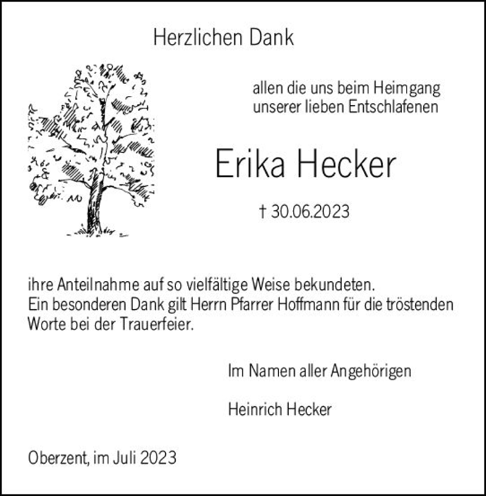  Traueranzeige für Erika Hecker vom 05.08.2023 aus Odenwälder Echo