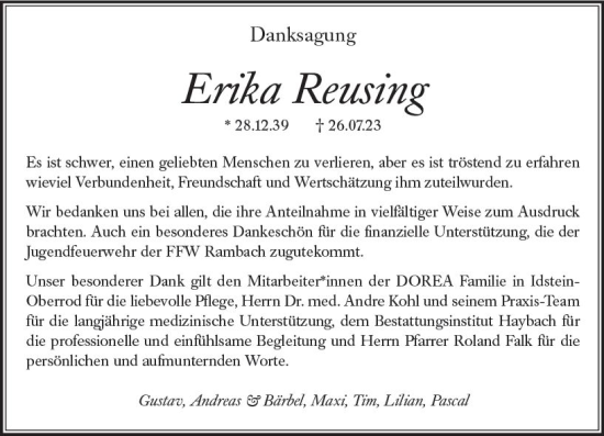 Traueranzeige von Erika Reusing von Wiesbadener Kurier