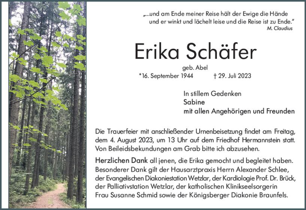  Traueranzeige für Erika Schäfer vom 02.08.2023 aus Wetzlarer Neue Zeitung