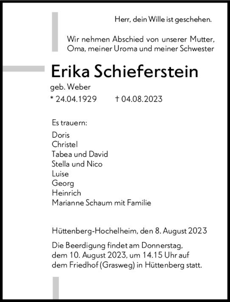  Traueranzeige für Erika Schieferstein vom 08.08.2023 aus Wetzlarer Neue Zeitung