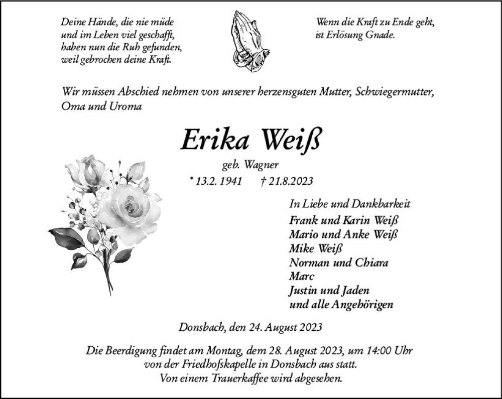  Traueranzeige für Erika Weiß vom 24.08.2023 aus Dill Block