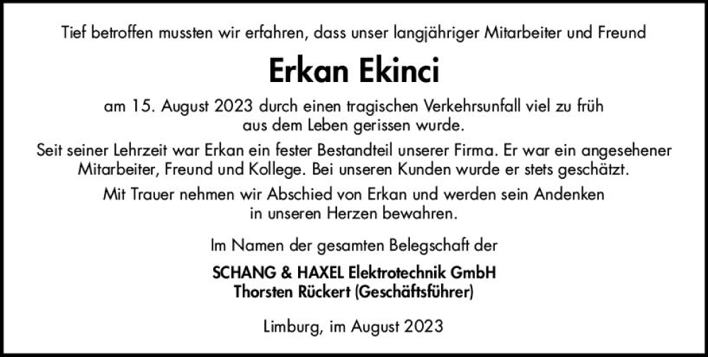  Traueranzeige für Erkan Ekinci vom 19.08.2023 aus Nassauische Neue Presse