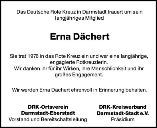 Traueranzeige von Erna Dächert von Darmstädter Echo