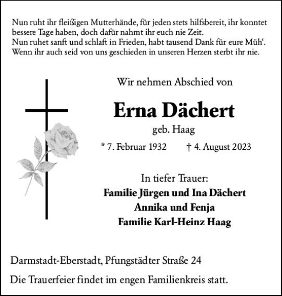 Traueranzeige von Erna Dächert von Darmstädter Echo