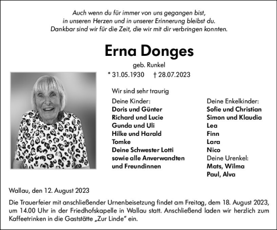 Traueranzeige von Erna Donges von Hinterländer Anzeiger