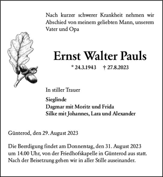 Traueranzeige von Ernst Walter Pauls von Hinterländer Anzeiger