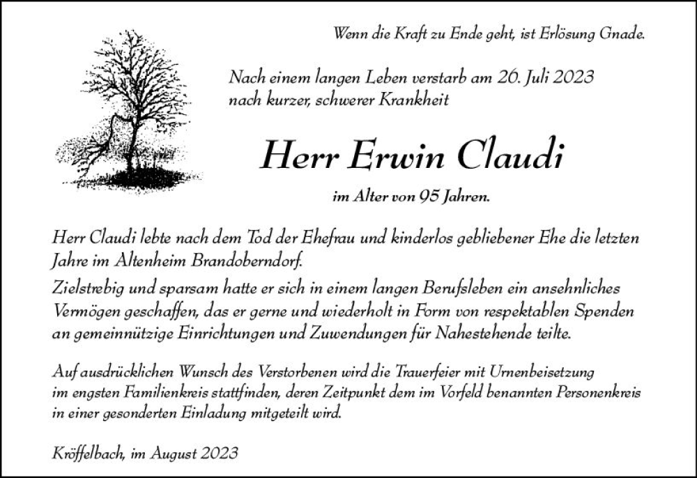  Traueranzeige für Erwin Claudi vom 03.08.2023 aus Wetzlarer Neue Zeitung
