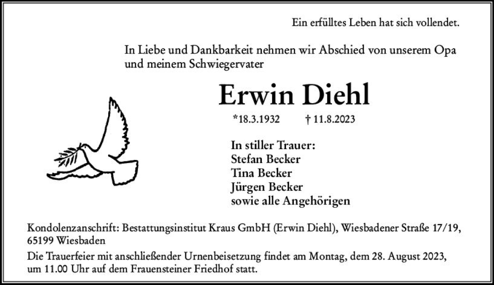  Traueranzeige für Erwin Diehl vom 19.08.2023 aus Wiesbadener Kurier