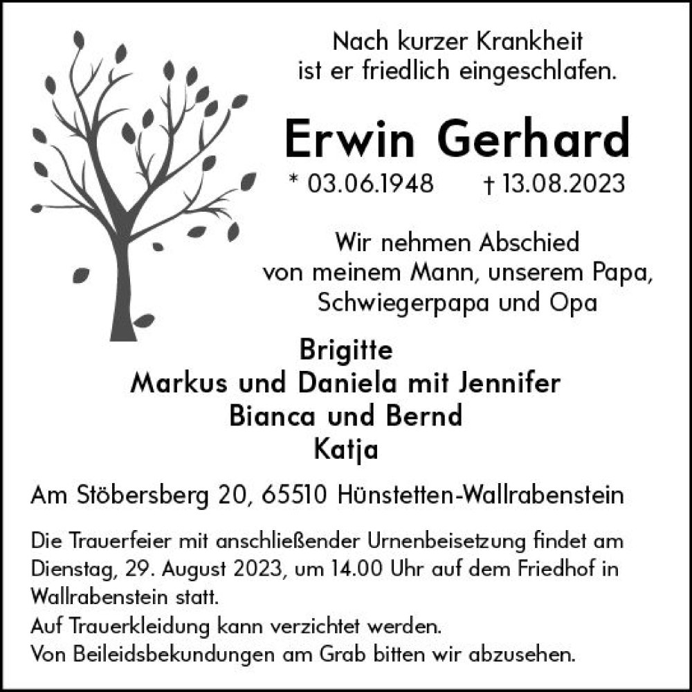  Traueranzeige für Erwin Gerhard vom 17.08.2023 aus Camberger Anzeiger