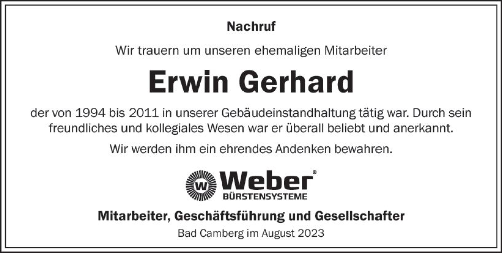  Traueranzeige für Erwin Gerhard vom 24.08.2023 aus Camberger Anzeiger