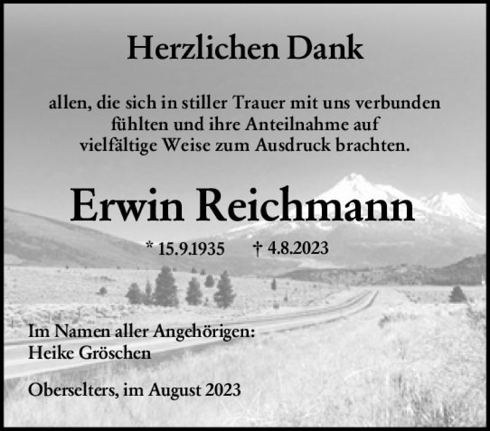  Traueranzeige für Erwin Reichmann vom 31.08.2023 aus Camberger Anzeiger