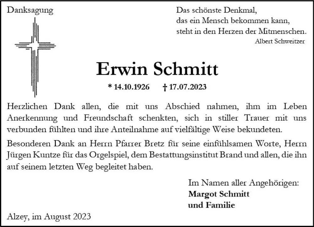  Traueranzeige für Erwin Schmitt vom 12.08.2023 aus Allgemeine Zeitung Alzey