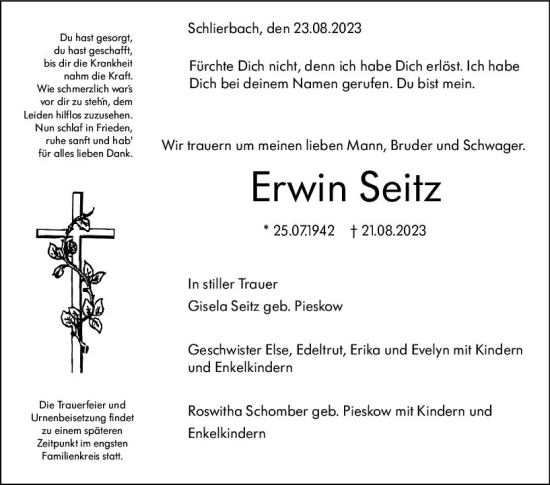 Traueranzeige von Erwin Seitz von Hinterländer Anzeiger