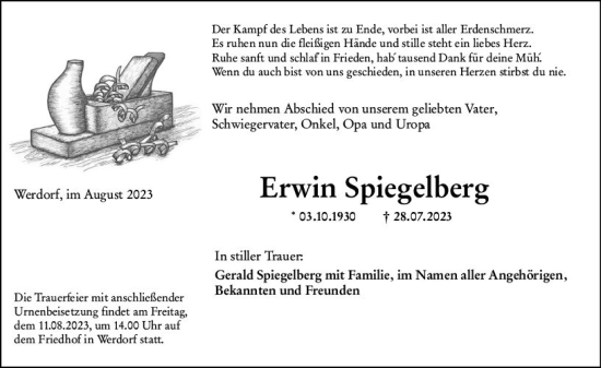 Traueranzeige von Erwin Spiegelberg von Wetzlarer Neue Zeitung