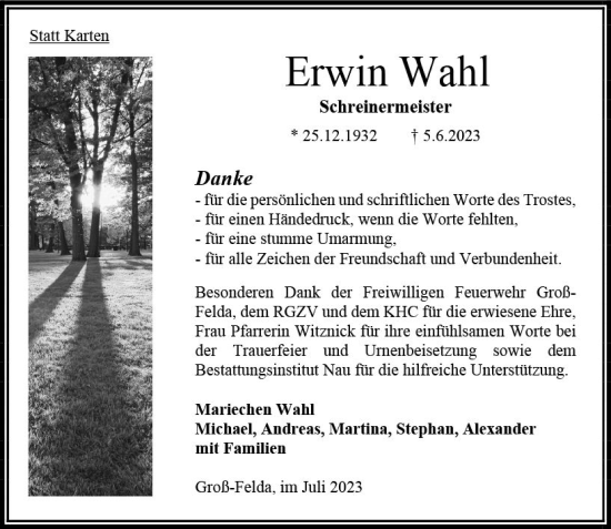 Traueranzeige von Erwin Wahl von VRM Trauer