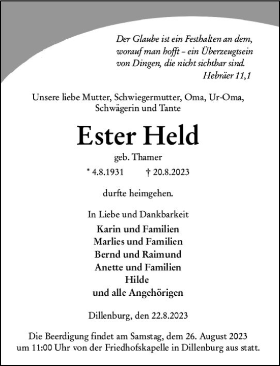 Traueranzeige von Ester Held von Dill Block