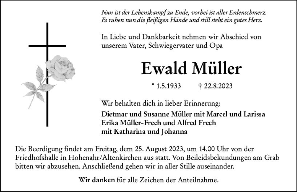 Traueranzeige für Ewald Müller vom 24.08.2023 aus Wetzlarer Neue Zeitung