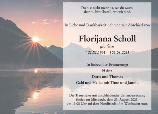 Traueranzeige von Florijana Scholl von Wiesbadener Kurier