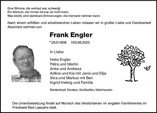 Traueranzeige von Frank Engler von Hinterländer Anzeiger