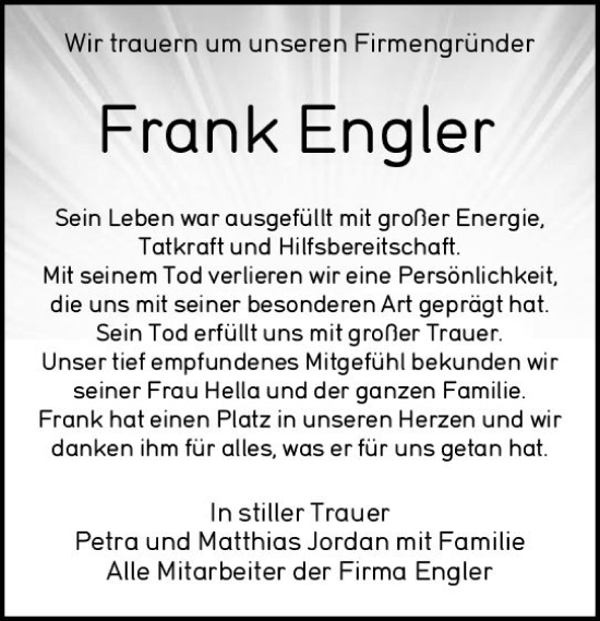 Traueranzeige von Frank Engler von Hinterländer Anzeiger