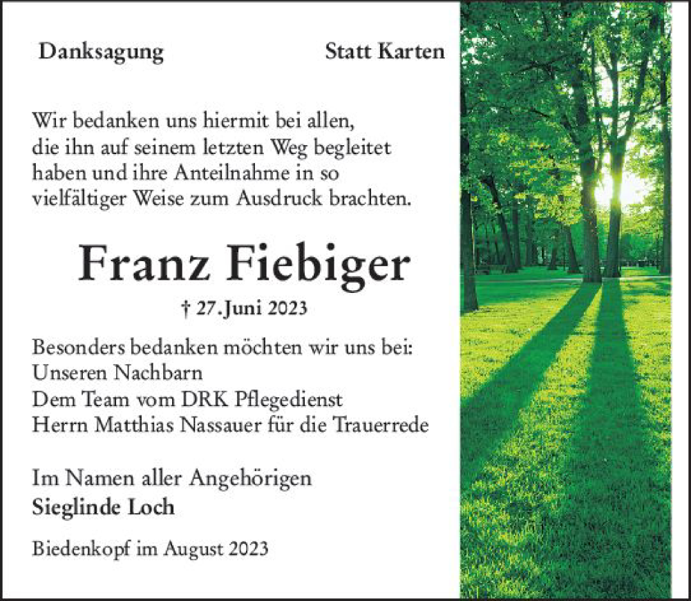  Traueranzeige für Franz Fiebiger vom 16.08.2023 aus Hinterländer Anzeiger