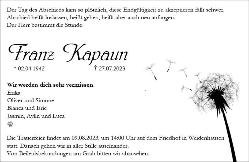  Traueranzeige für Franz Kapaun vom 05.08.2023 aus Hinterländer Anzeiger